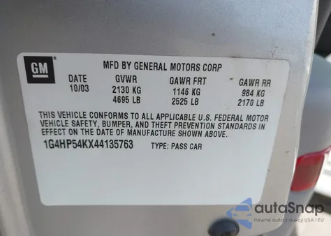 2004 Buick Lesabre Custom z USA, uszkodzony, nr VIN 1G4HP54KX44135763